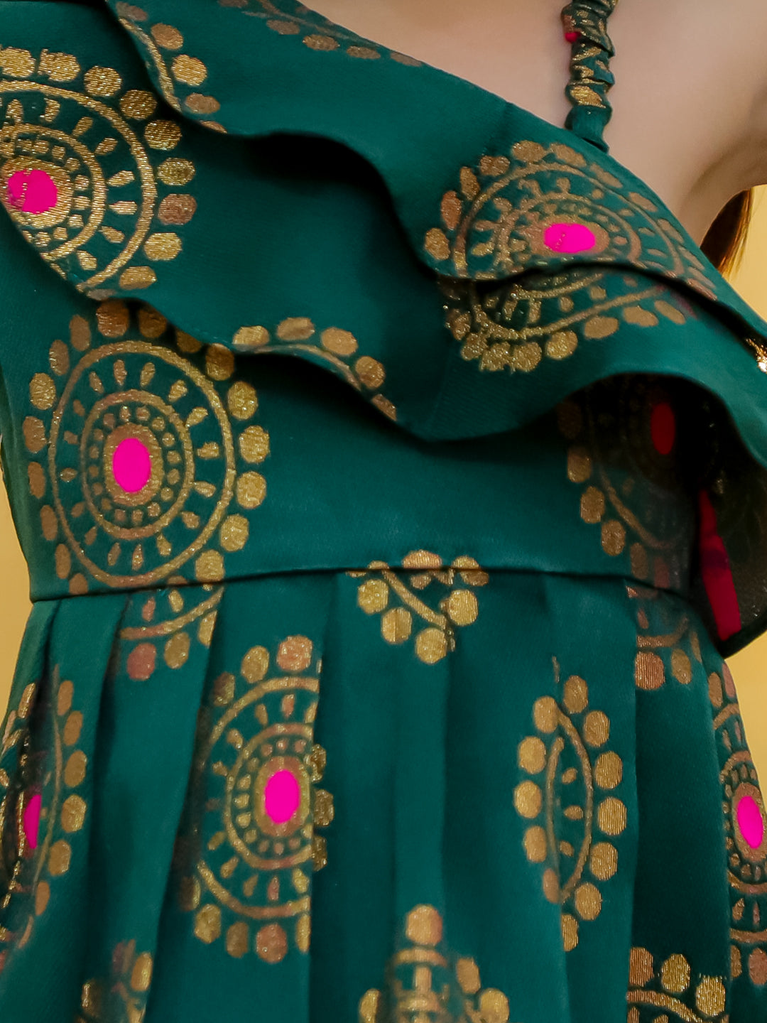 BownBee Party One Shoulder Ethnic Wear Frock - Green