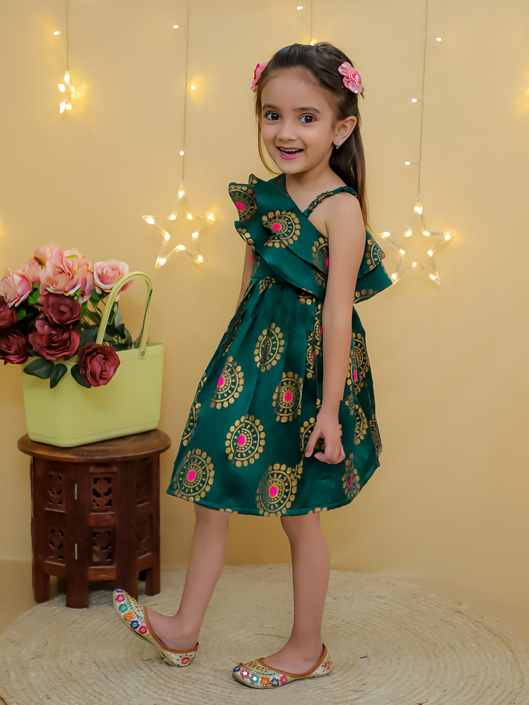 BownBee Party One Shoulder Ethnic Wear Frock - Green