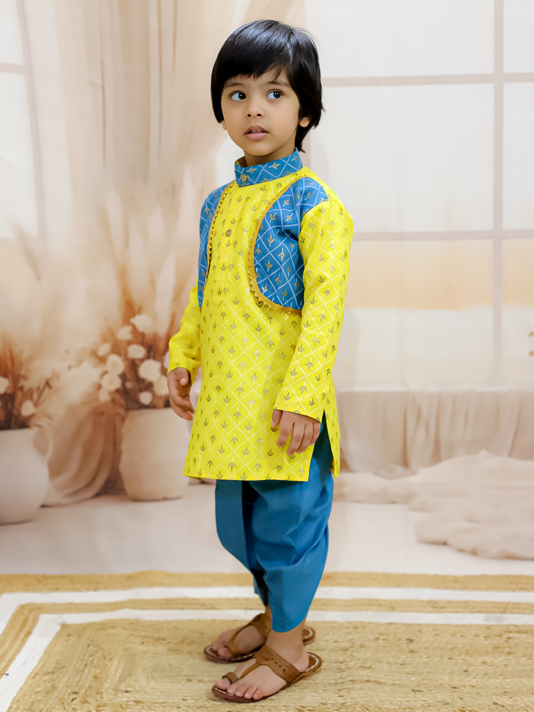 BownBee Sibling Set Foil Print Full Sleeve Cotton Dhoti Kurta - Yellow Printed Cotton Frill Sleeves Top Lehenga Dupatta for Girls- Green