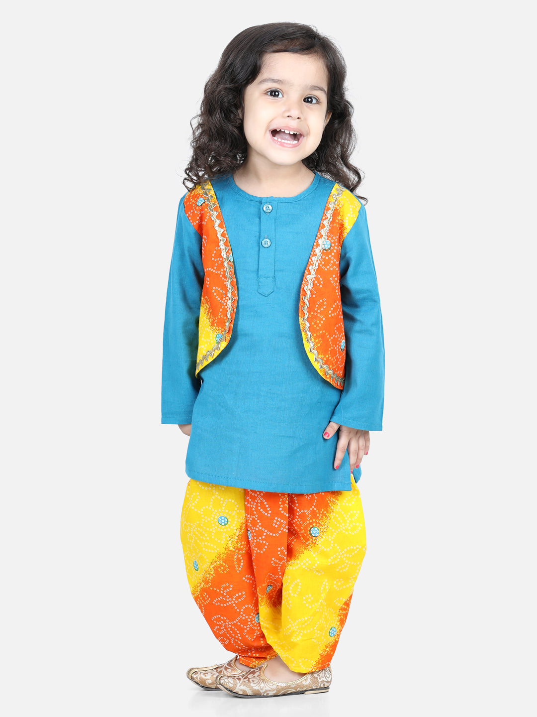 BownBee Sibling Set Attached Jacket Cotton Dhoti Kurta for Boys- Blue with Bandhani Print Cotton Top with Dhoti for Girls- Orange