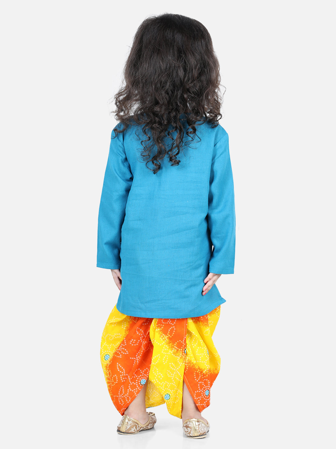 BownBee Sibling Set Attached Jacket Cotton Dhoti Kurta for Boys- Blue with Bandhani Print Cotton Top with Dhoti for Girls- Orange