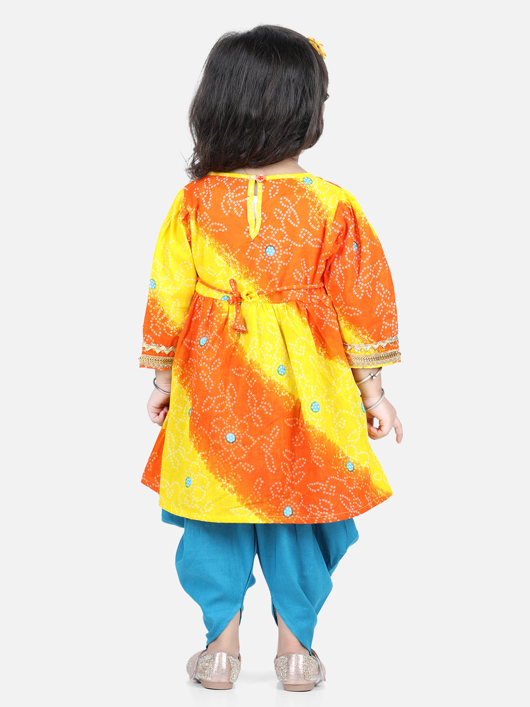 BownBee Sibling Set Attached Jacket Cotton Dhoti Kurta for Boys- Blue with Bandhani Print Cotton Top with Dhoti for Girls- Orange