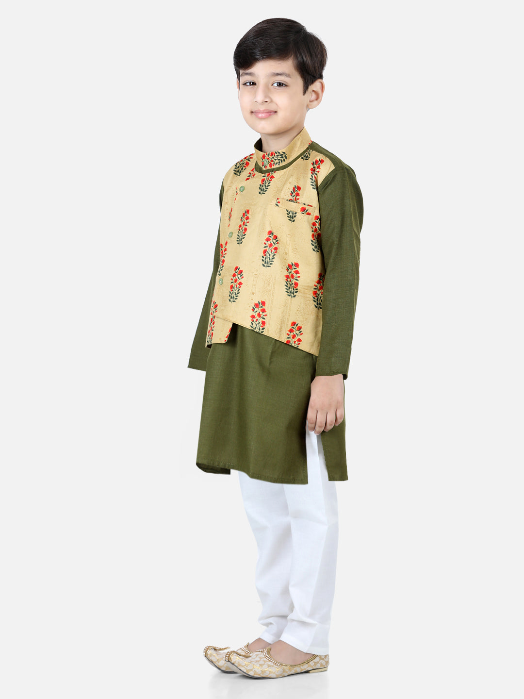 BownBee Printed Attached Jacket Cotton Kurta Pajama for Boys- Green