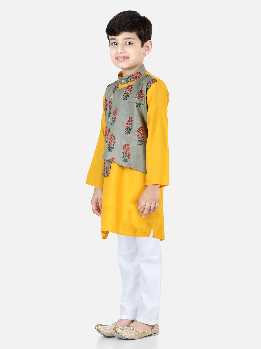 BownBee Printed Attached Jacket Cotton Kurta Pajama for Boys- Gray