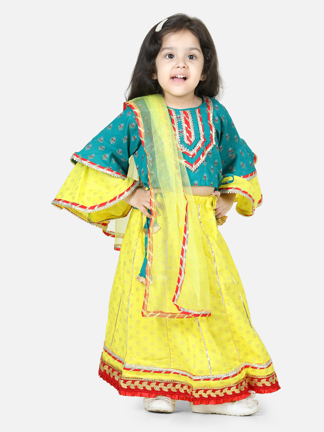 BownBee Sibling Set Foil Print Full Sleeve Cotton Dhoti Kurta - Yellow Printed Cotton Frill Sleeves Top Lehenga Dupatta for Girls- Green