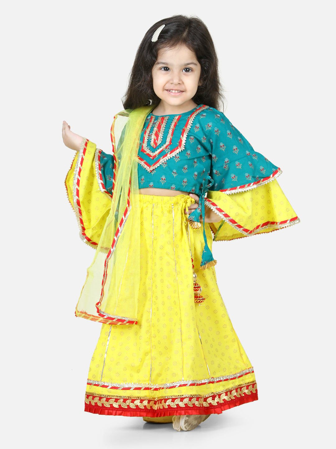 BownBee Sibling Set Foil Print Full Sleeve Cotton Dhoti Kurta - Yellow Printed Cotton Frill Sleeves Top Lehenga Dupatta for Girls- Green