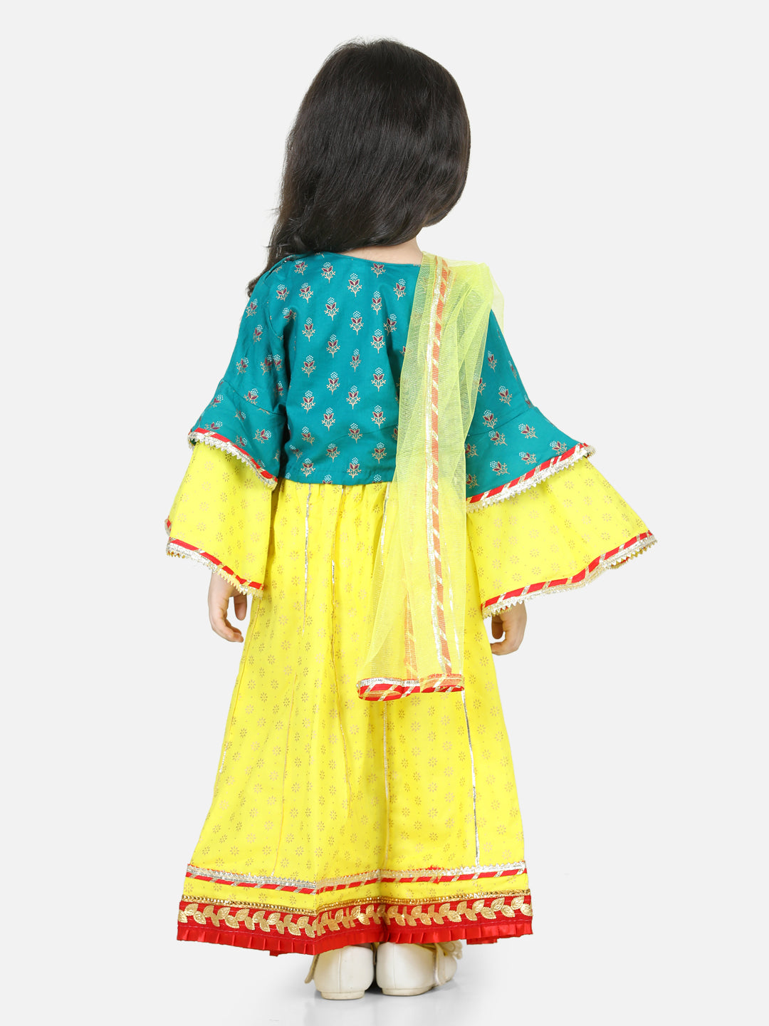 BownBee Sibling Set Foil Print Full Sleeve Cotton Dhoti Kurta - Yellow Printed Cotton Frill Sleeves Top Lehenga Dupatta for Girls- Green