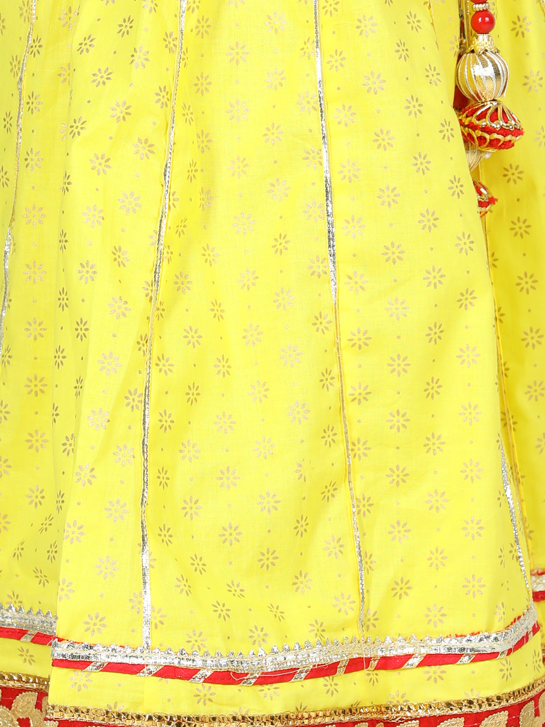 BownBee Sibling Set Foil Print Full Sleeve Cotton Dhoti Kurta - Yellow Printed Cotton Frill Sleeves Top Lehenga Dupatta for Girls- Green