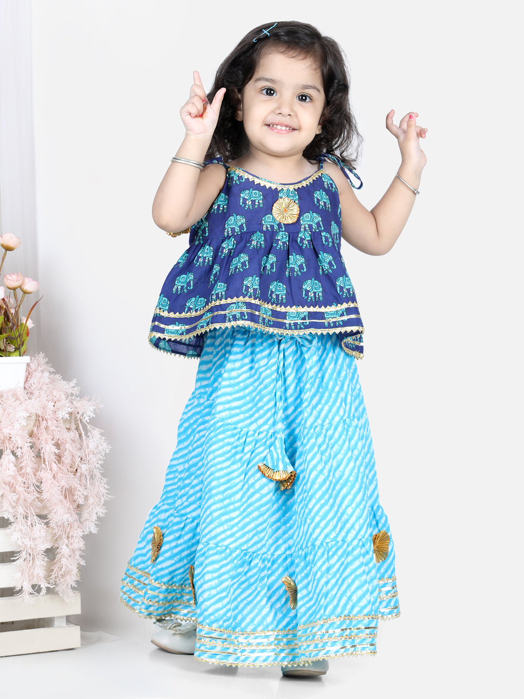 BownBee Sibling Sets Hathi Print Pure Cotton Choli  Leheriya Lehenga for Girls-and Dhoti Kurta for Boys Blue