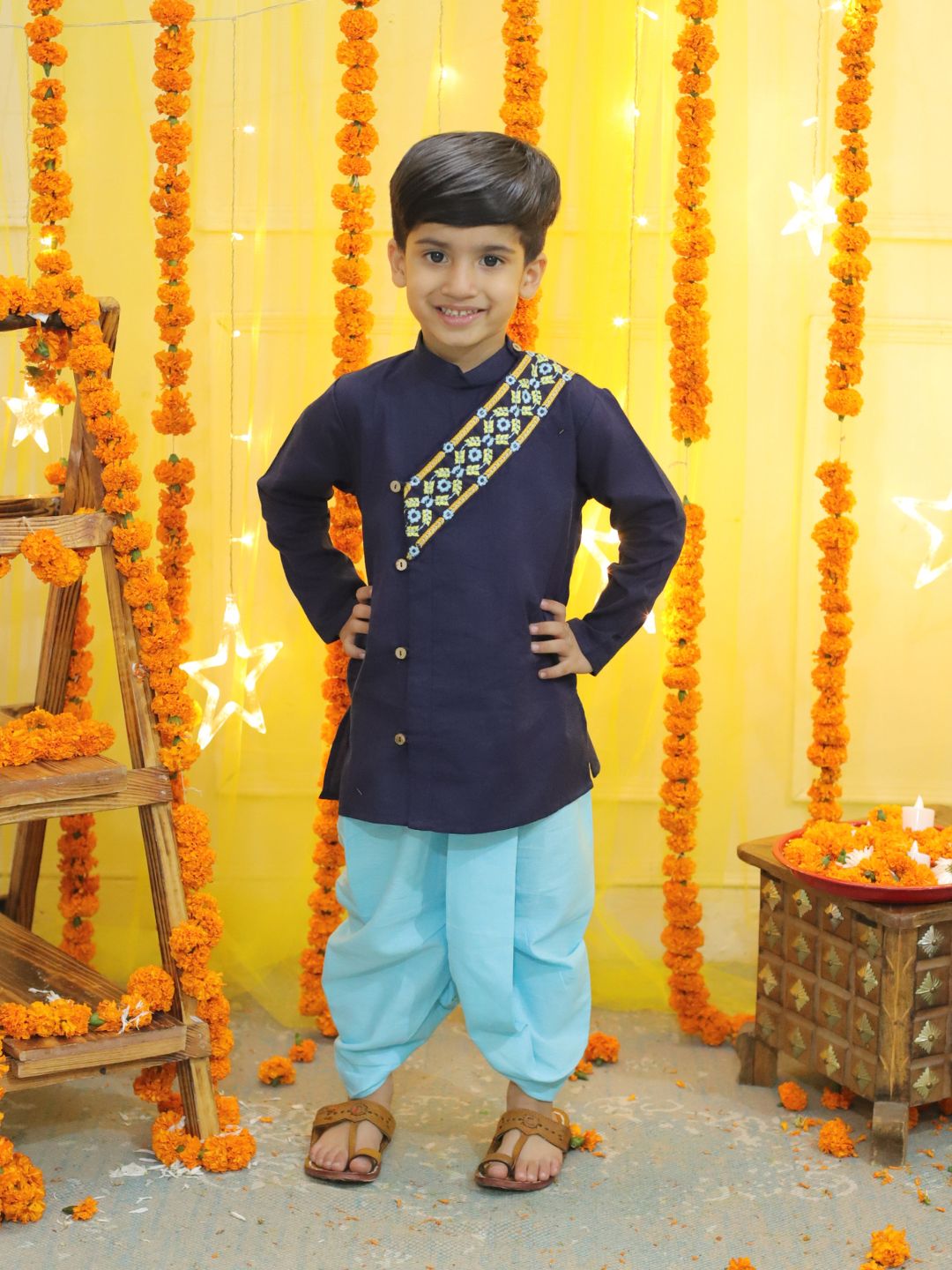 BownBee Sibling Set Embroidery Front Open Cotton Kurta with Dhoti for Boys- Blue with Embroidered Jacket With Cotton Kurti Dhoti for Girls- Blue