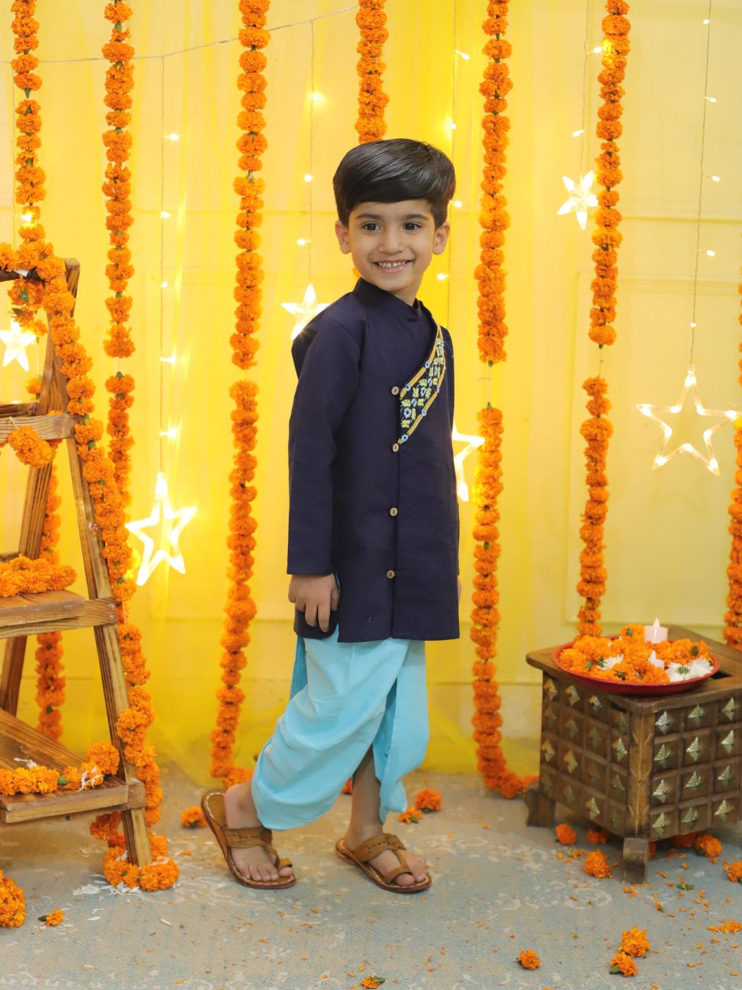 BownBee Sibling Set Embroidery Front Open Cotton Kurta with Dhoti for Boys- Blue with Embroidered Jacket With Cotton Kurti Dhoti for Girls- Blue