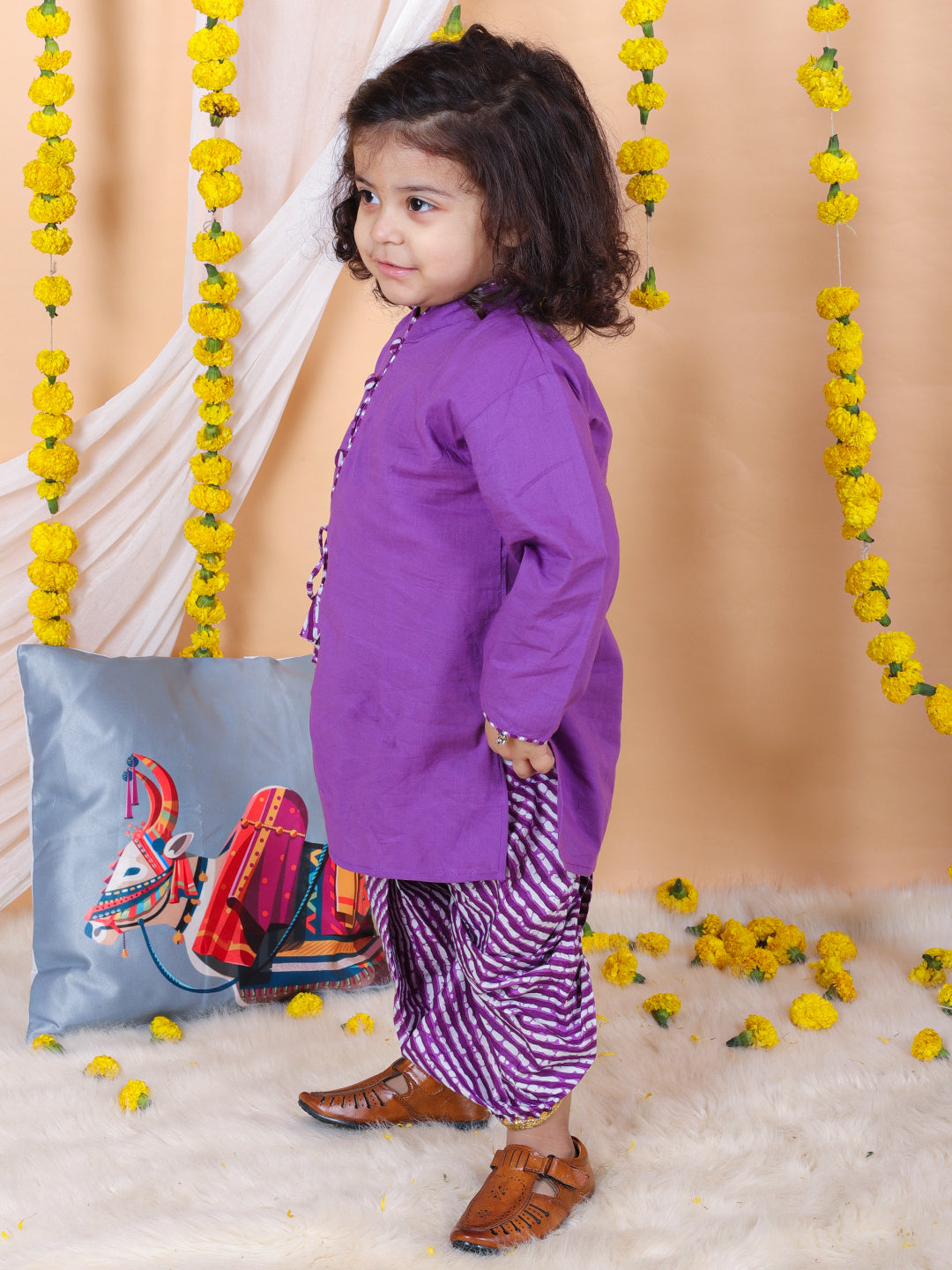 BownBee Sibling Set Front Open Cotton Full Sleeve Kurta with Dhoti- Purple With Pure Cotton Kaftan with Harem for Girls- Purple