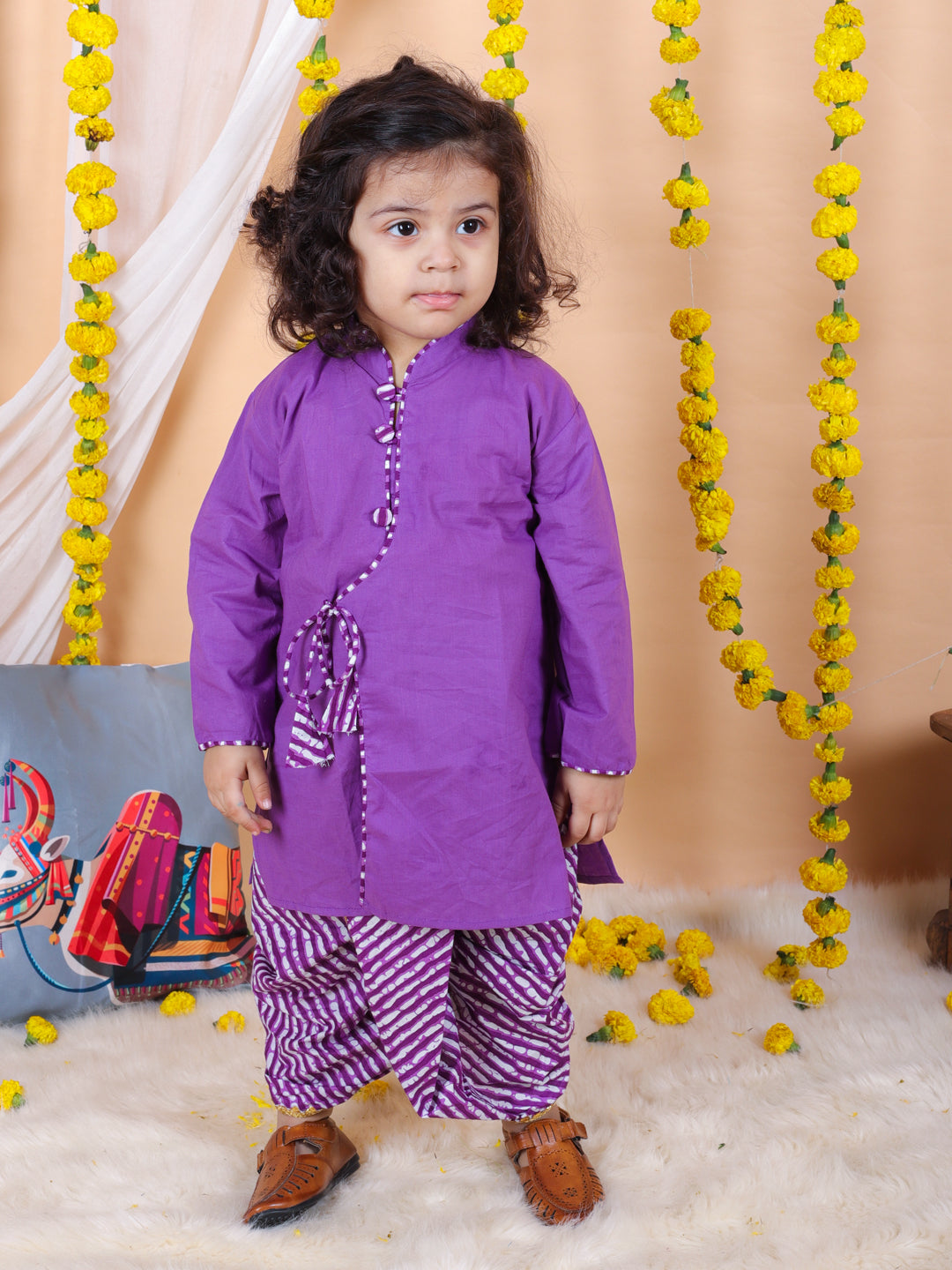 BownBee Sibling Set Front Open Cotton Full Sleeve Kurta with Dhoti- Purple With Pure Cotton Kaftan with Harem for Girls- Purple