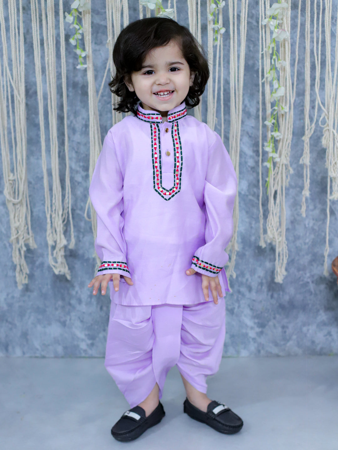 BownBee Embroidered Full Sleeve Dhoti Kurta & Salwaar Suit with Dupatta Sibling Set- Lavender