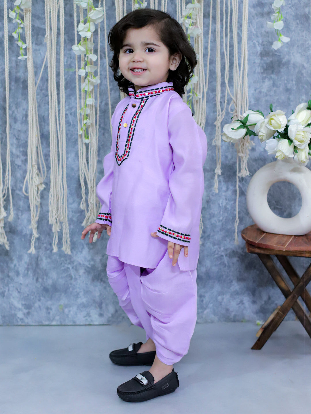 BownBee Sibling Set Embroidered Full Sleeve Dhoti Kurta for Boys and Embroidered Kurti with Salwar and Dupatta for Girls- Lavender