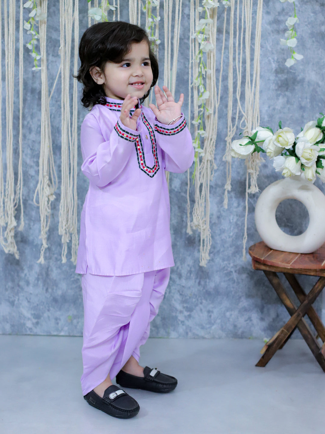 BownBee Embroidered Full Sleeve Dhoti Kurta for Boys- Lavender