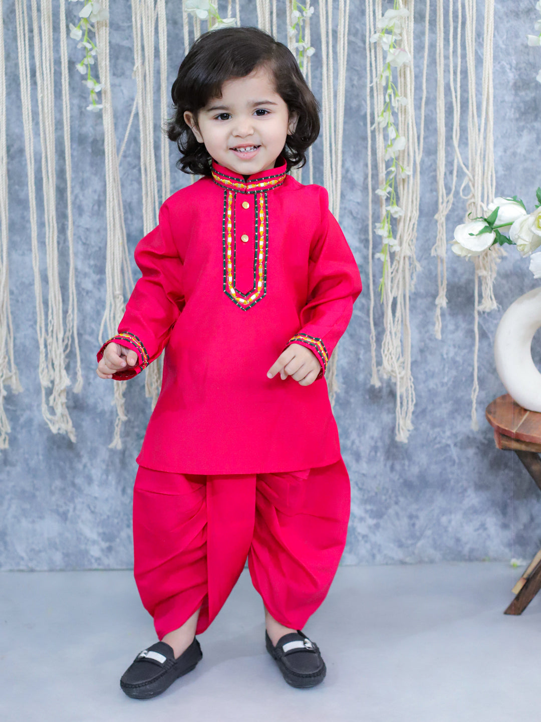 BownBee Embroidered Full Sleeve Dhoti Kurta & Salwaar Suit with Dupatta Sibling Set- Pink