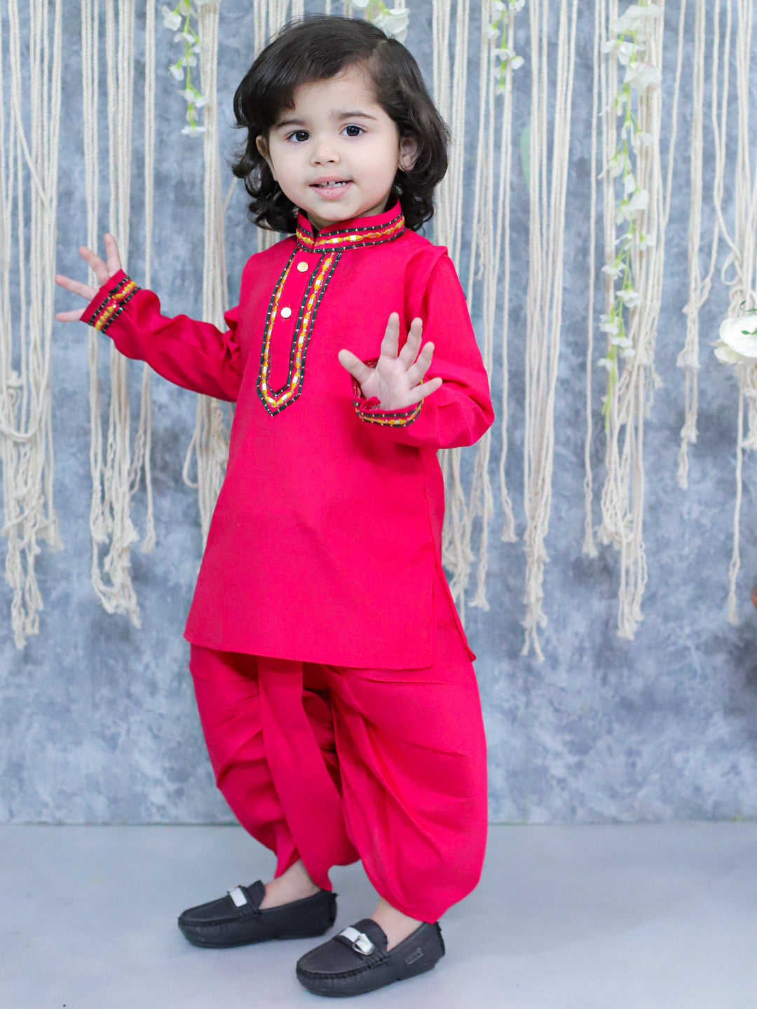 BownBee Sibling Set Embroidered Full Sleeve Dhoti Kurta for Boys and Embroidered Kurti with Salwar and Dupatta for Girls- Pink