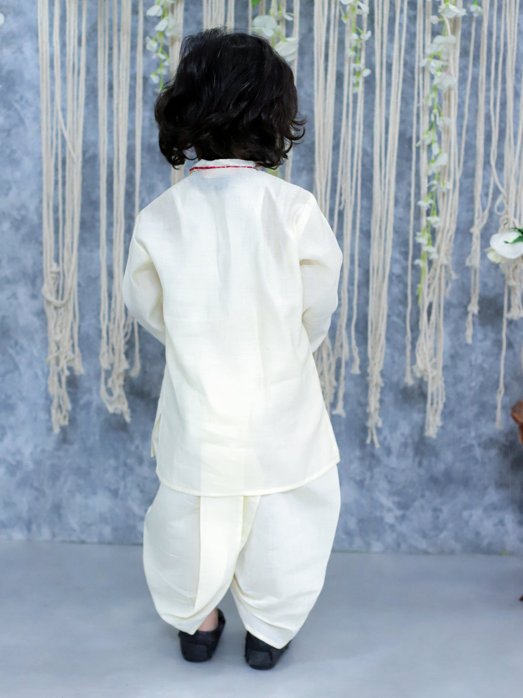 BownBee Embroidered Full Sleeve Dhoti Kurta for Boys- White