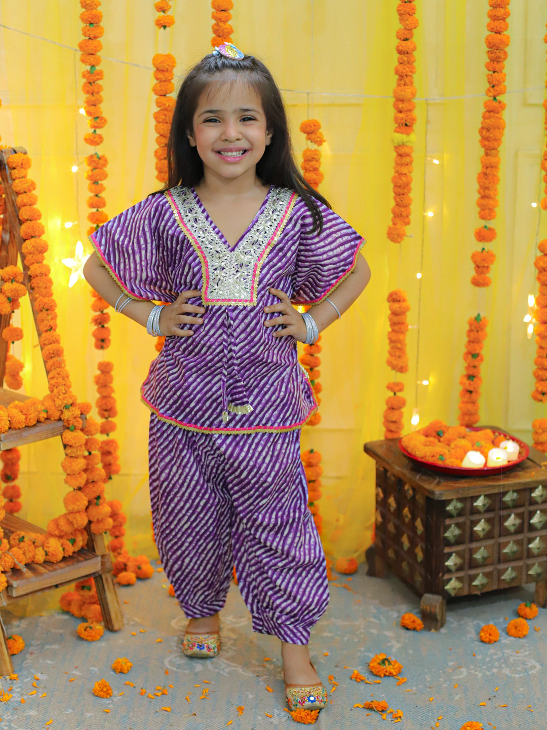 BownBee Sibling Set Front Open Cotton Full Sleeve Kurta with Dhoti- Purple With Pure Cotton Kaftan with Harem for Girls- Purple