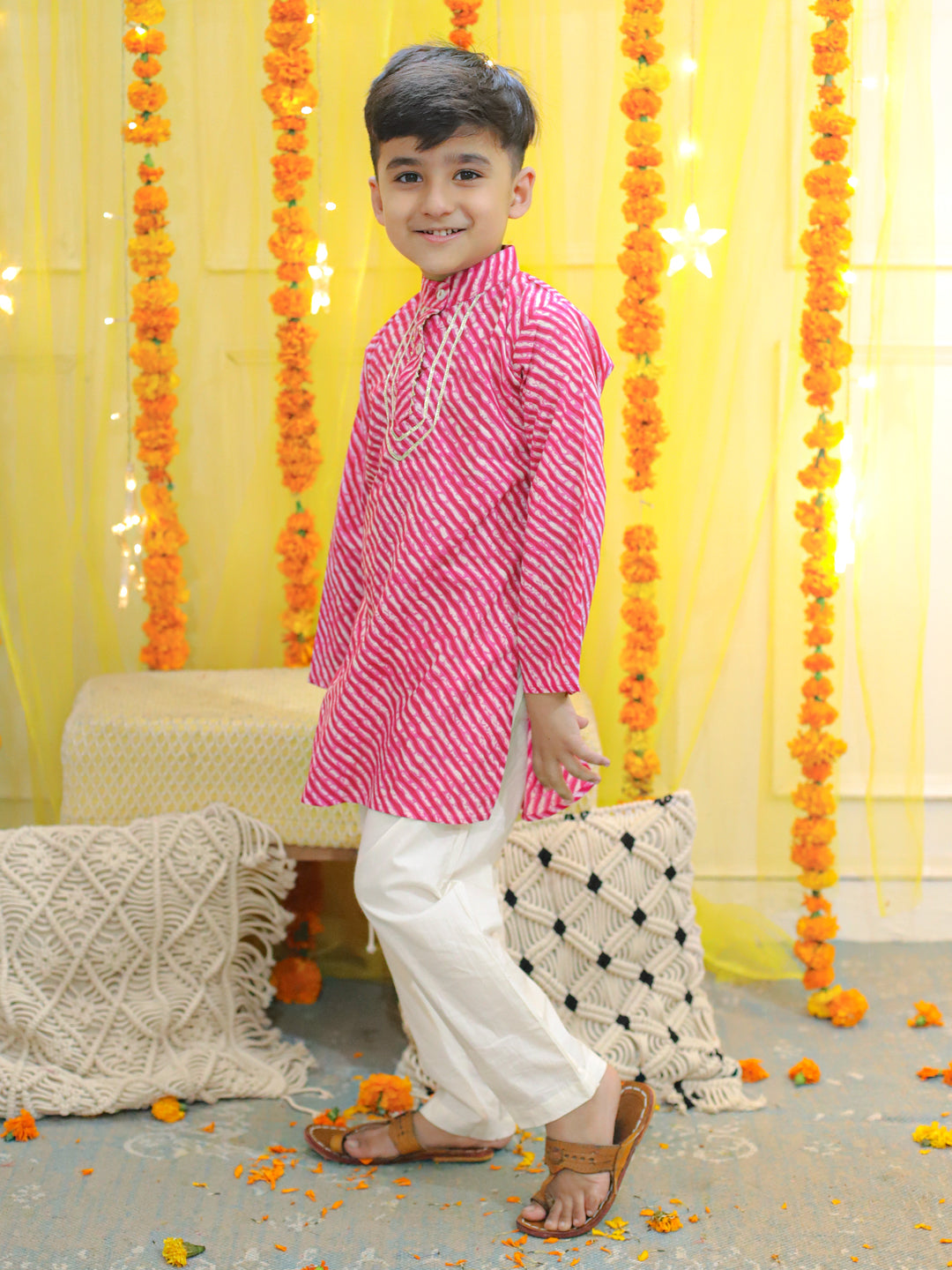 BownBee Pure Cotton Printed Leheriya Kurta Pajama for Boys- Pink with Pure Cotton Printed Kurta Sharara with Dupatta for Girls- Pink