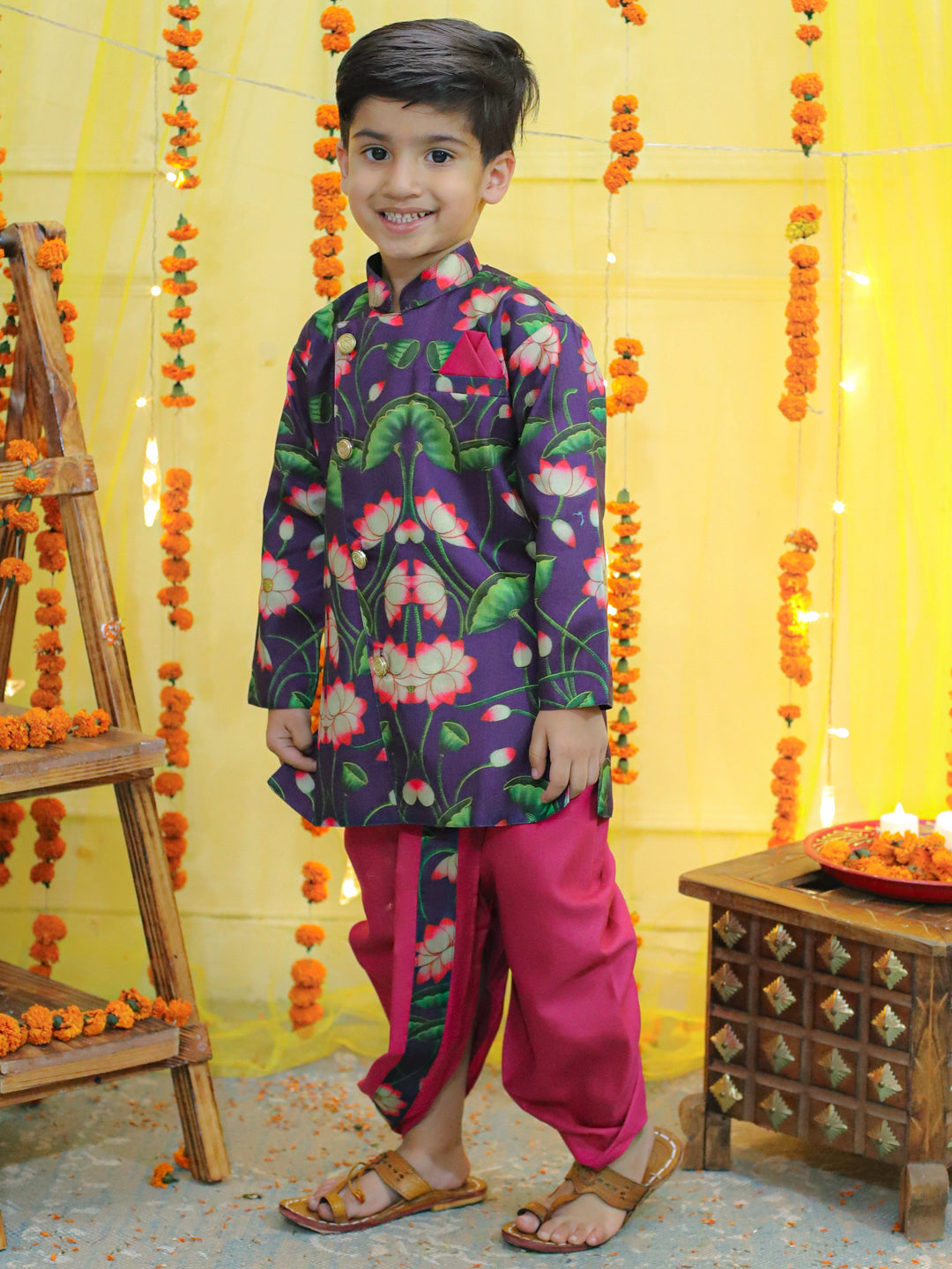 BownBee Printed Full Sleeve Sherwani with Cotton Dhoti for Boys- Purple