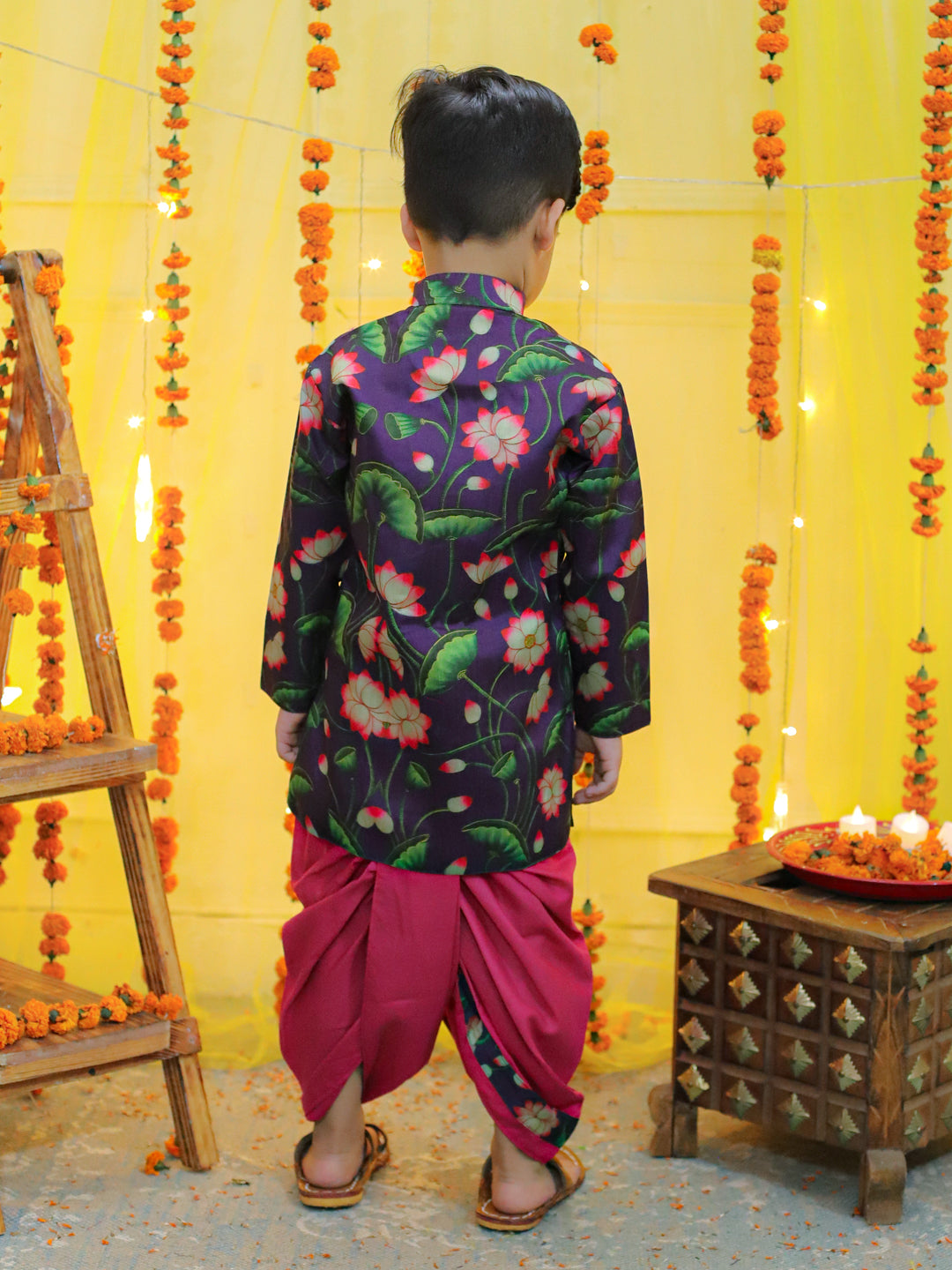 BownBee Printed Full Sleeve Sherwani with Cotton Dhoti for Boys- Purple