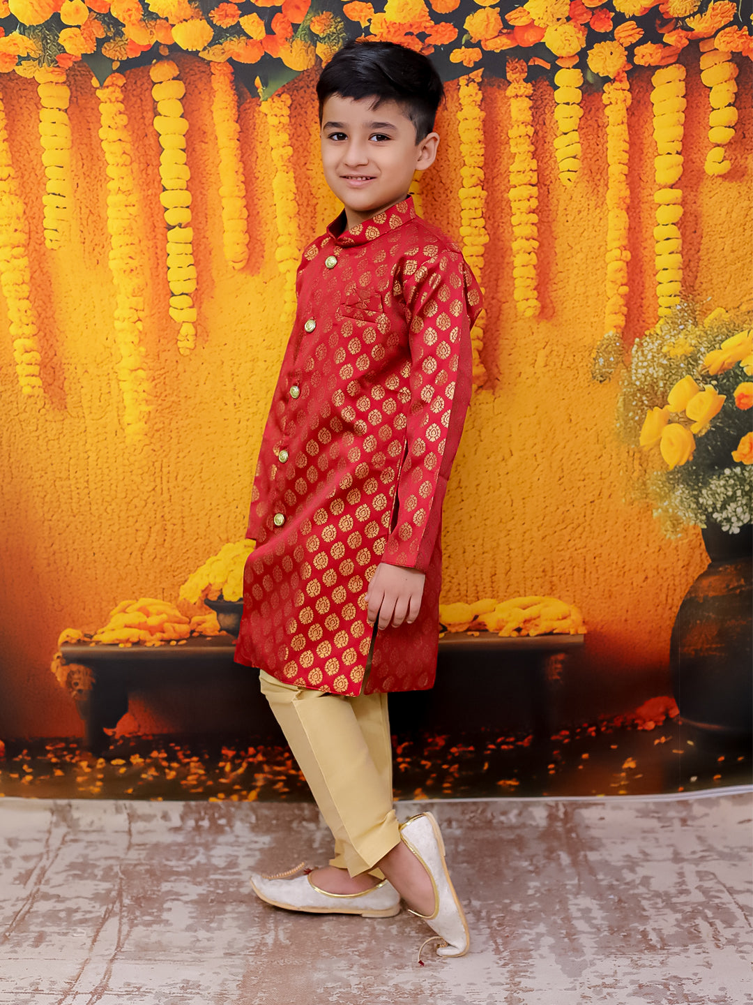 BownBee Front Open Jacquard Sherwani with Pajama Set for Boys- Maroon