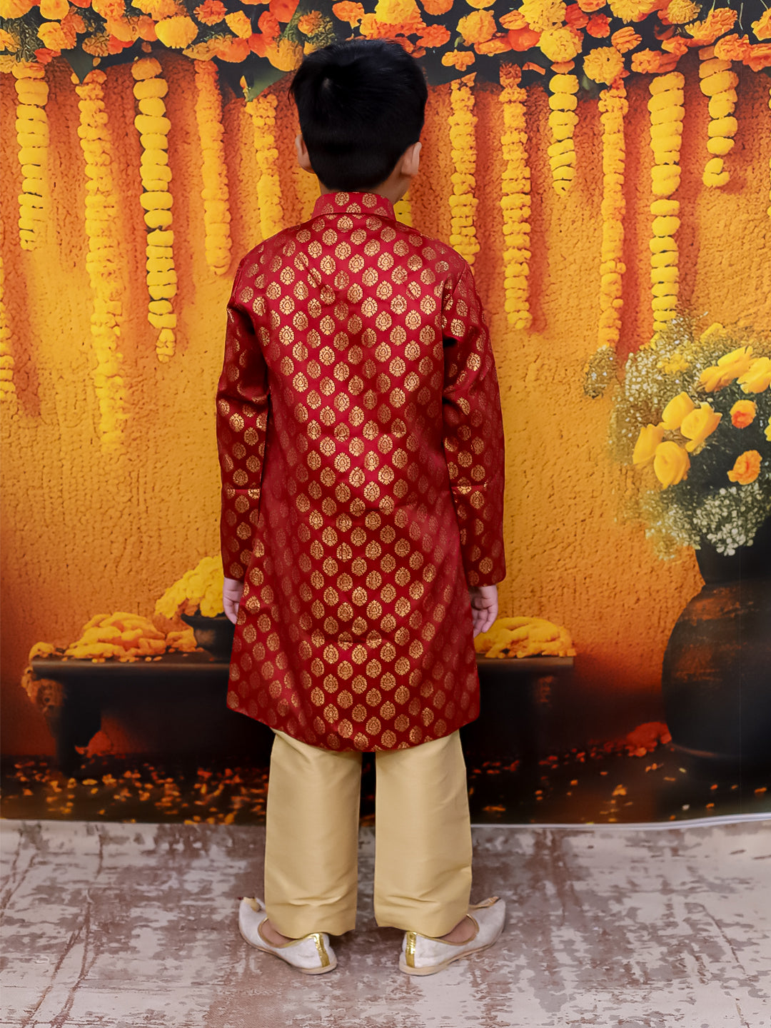 BownBee Front Open Jacquard Sherwani with Pajama Set for Boys- Maroon