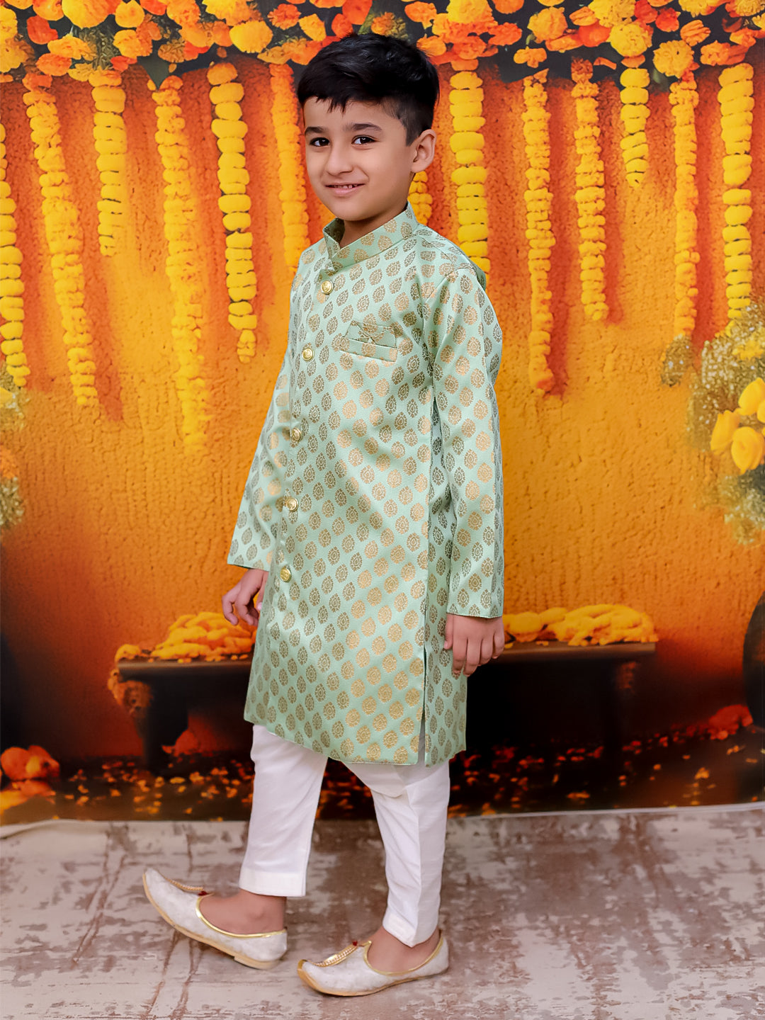 BownBee Front Open Jacquard Sherwani with Pajama Set for Boys- Green