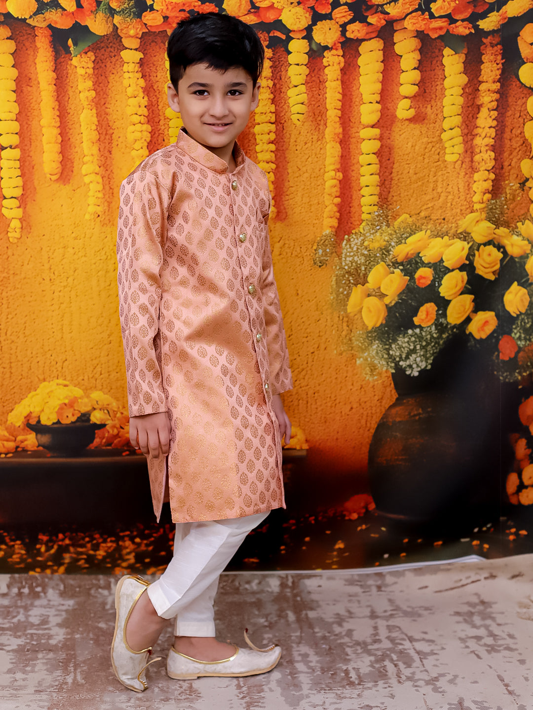 BownBee Front Open Jacquard Sherwani with Pajama Set for Boys- Peach