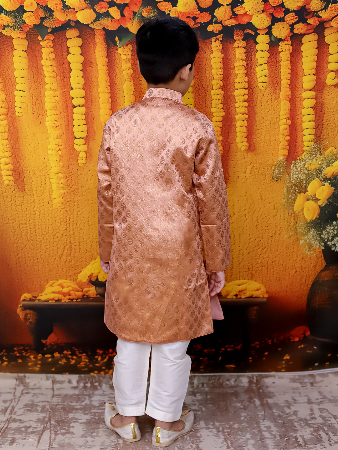 BownBee Front Open Jacquard Sherwani with Pajama Set for Boys- Peach