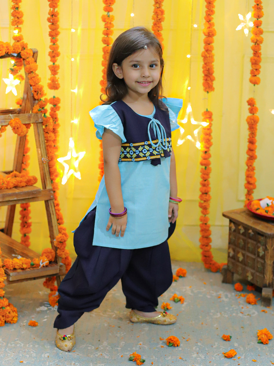 BownBee Embroidered Jacket With Cotton Kurti Dhoti for Girls - Blue