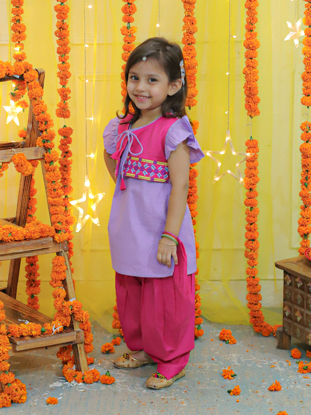 BownBee Embroidered Jacket With Cotton Kurti Dhoti for Girls- Pink