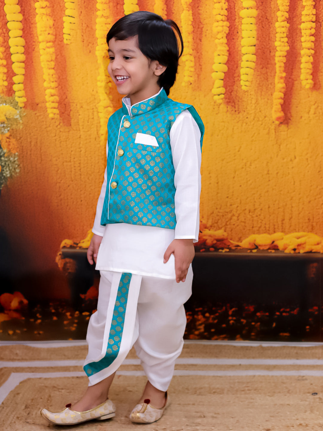 BownBee Full Sleeve Dhoti Kurta with Jacquard Jacket Set for Boys- Green