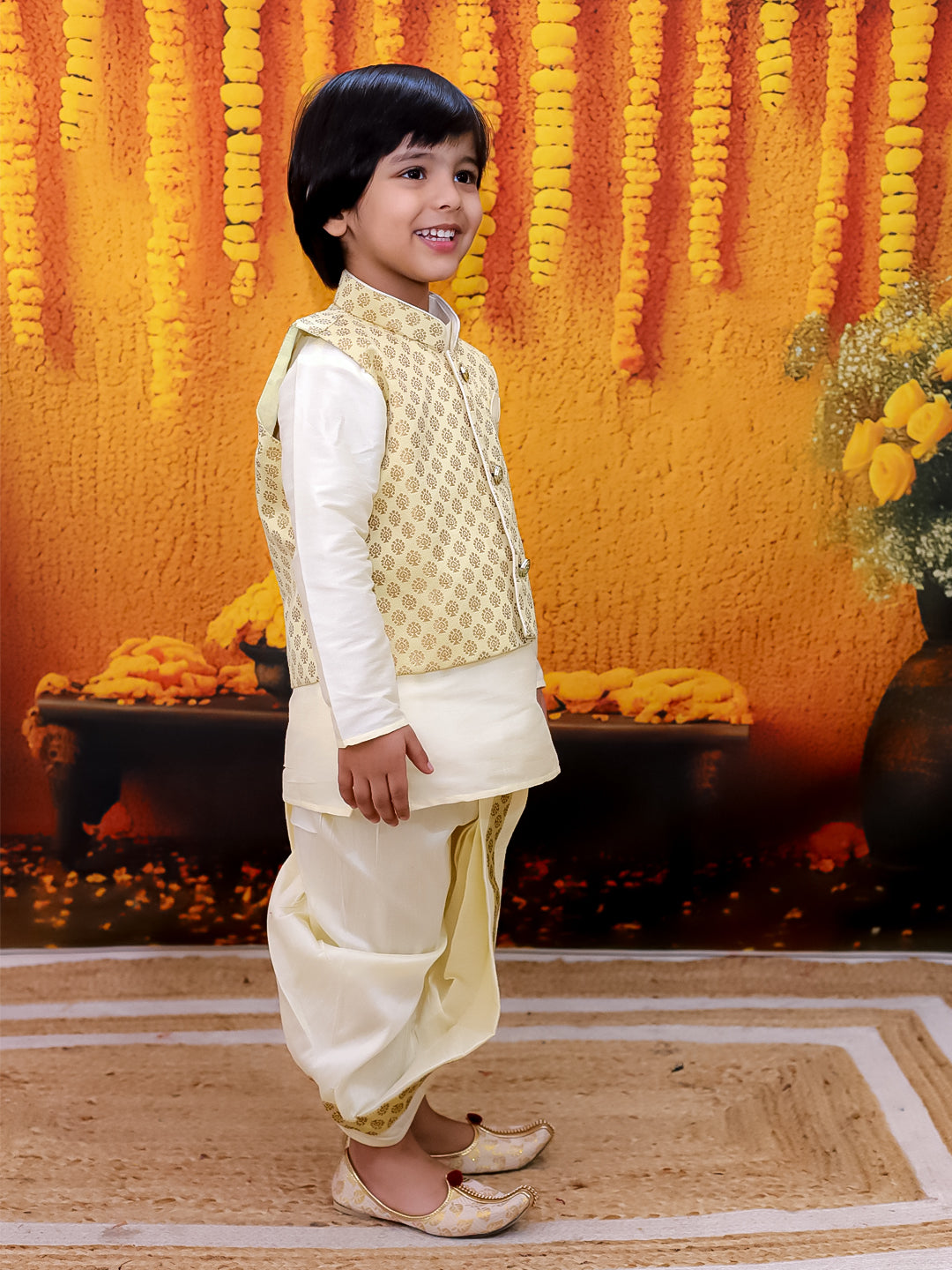 BownBee Full Sleeve Dhoti Kurta with Jacquard Jacket Set for Boys- Off White