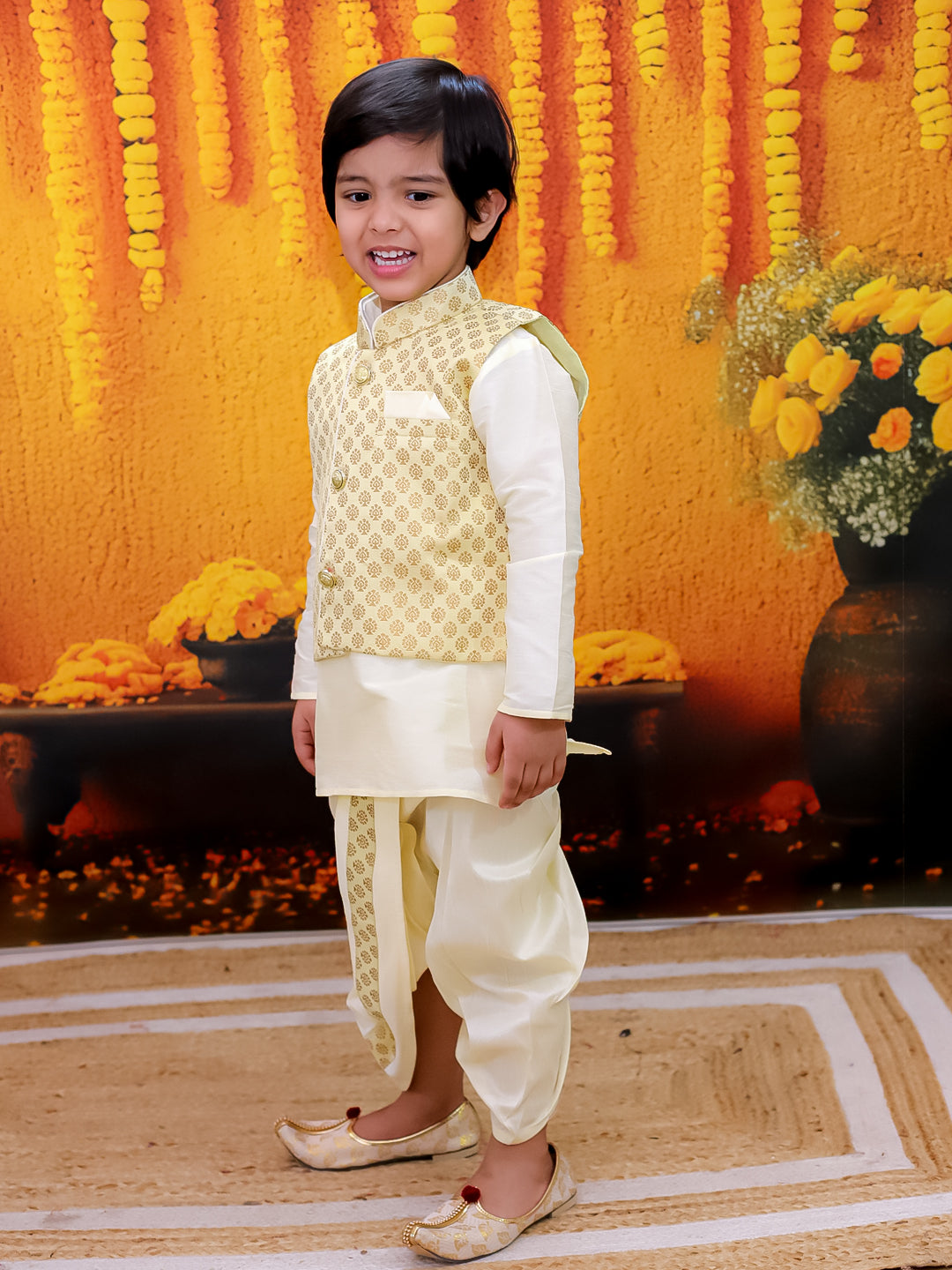 BownBee Full Sleeve Dhoti Kurta with Jacquard Jacket Set for Boys- Off White