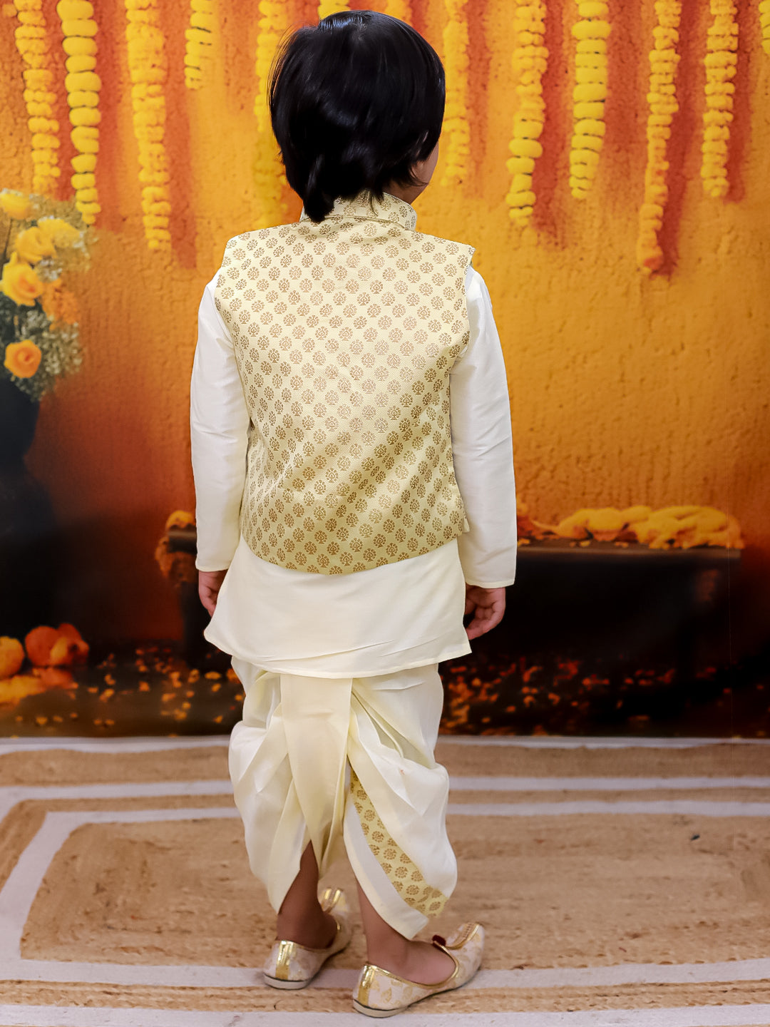 BownBee Full Sleeve Dhoti Kurta with Jacquard Jacket Set for Boys- Off White