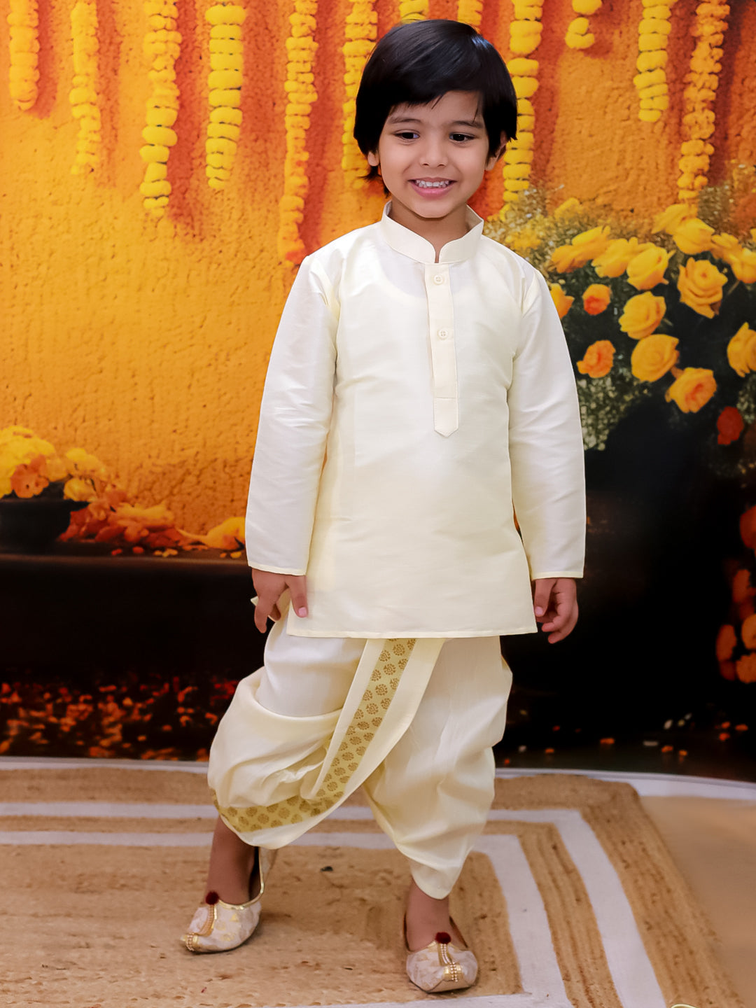 BownBee Full Sleeve Dhoti Kurta with Jacquard Jacket Set for Boys- Off White