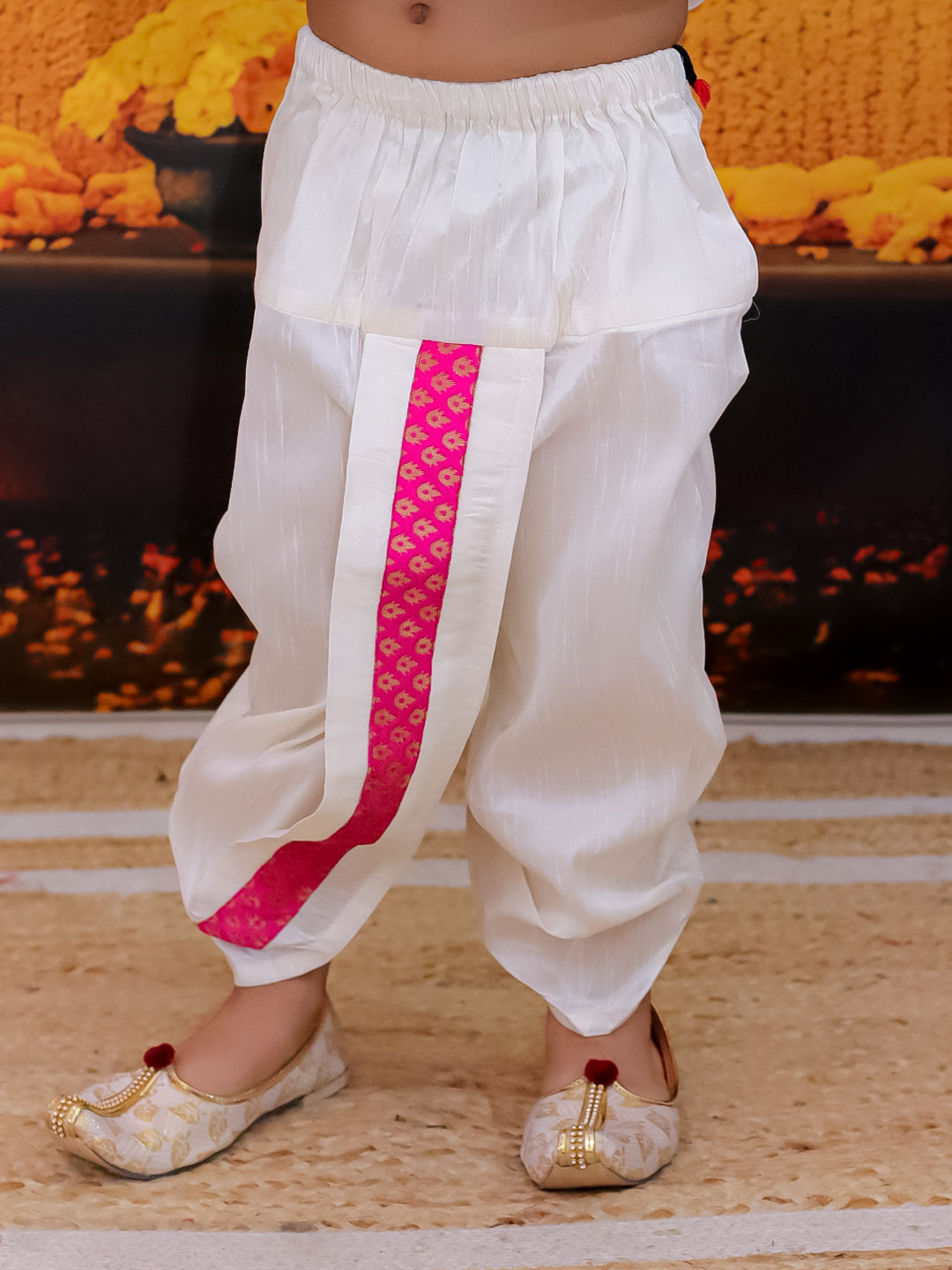 BownBee Full Sleeve Dhoti Kurta with Jacquard Jacket Set for Boys- Pink