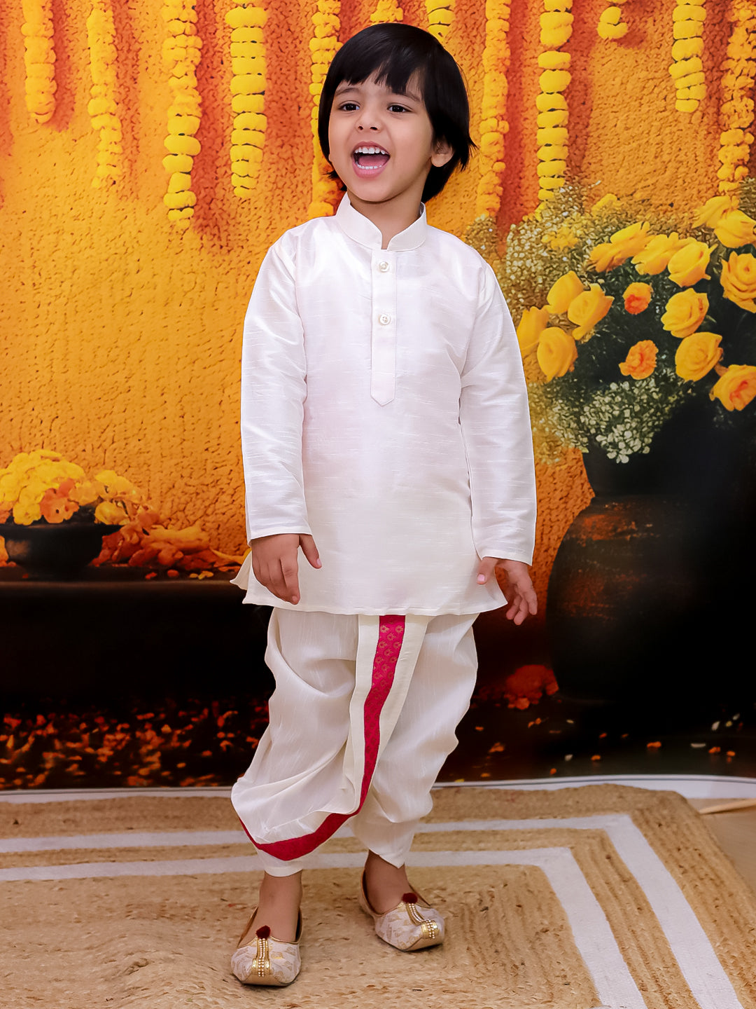 BownBee Full Sleeve Dhoti Kurta with Jacquard Jacket Set for Boys- Pink