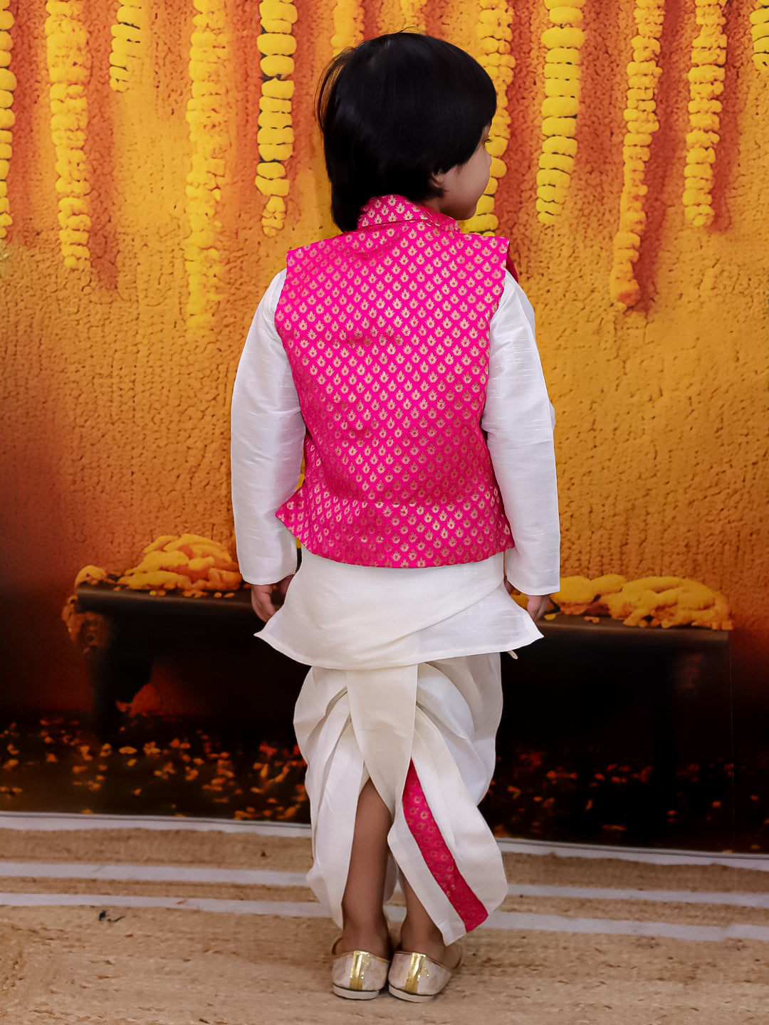 BownBee Full Sleeve Dhoti Kurta with Jacquard Jacket Set for Boys- Pink