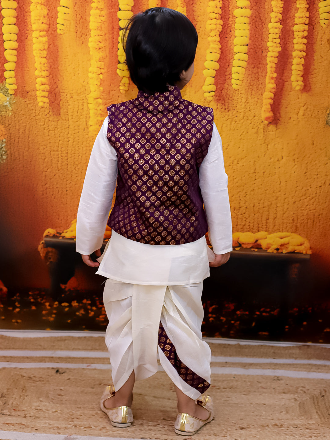 BownBee Full Sleeve Dhoti Kurta with Jacquard Jacket Set for Boys- Purple