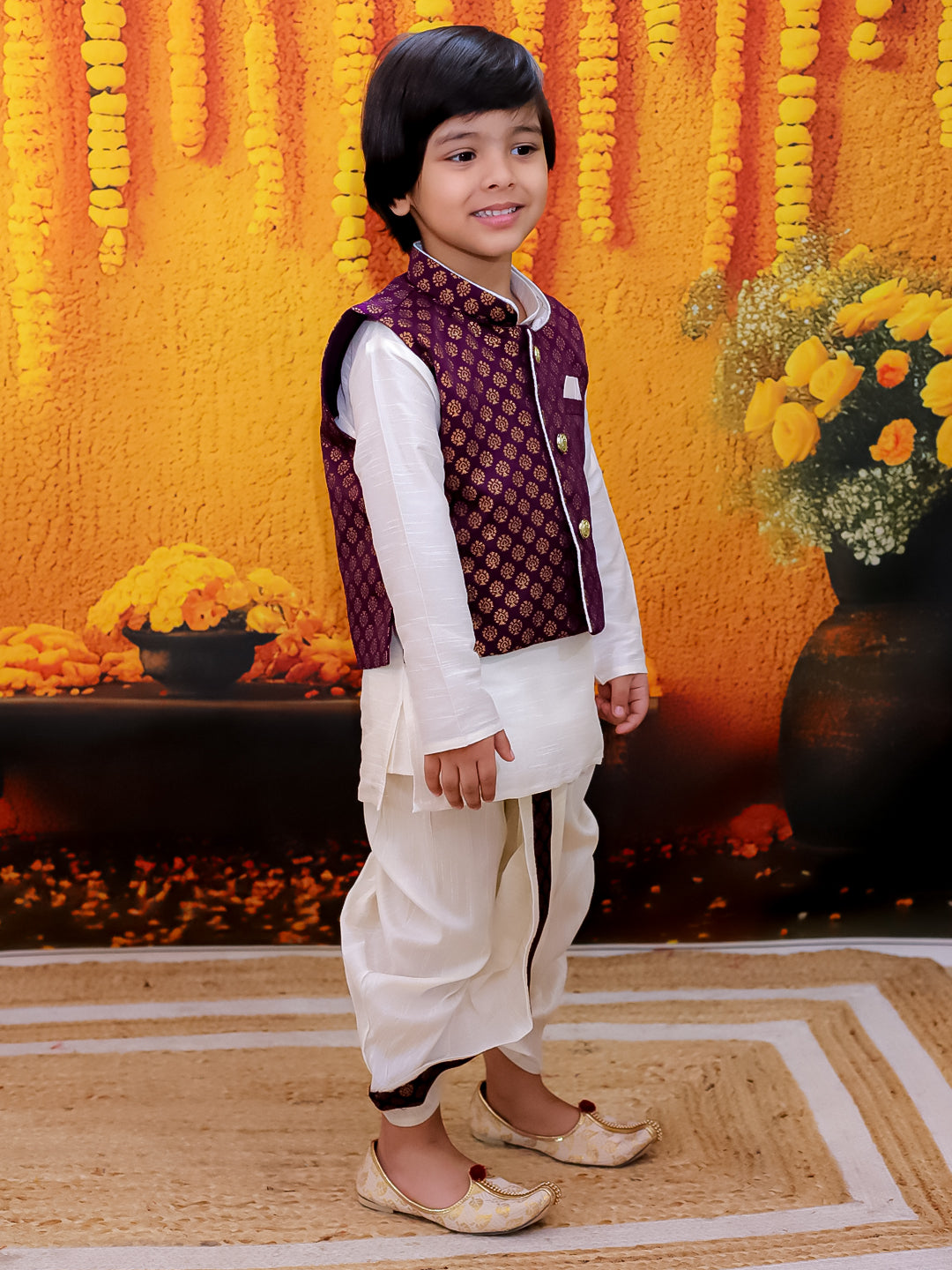 BownBee Full Sleeve Dhoti Kurta with Jacquard Jacket Set for Boys- Purple