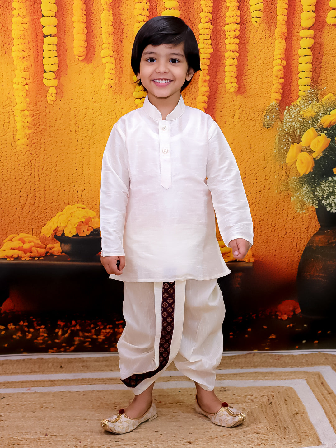 BownBee Full Sleeve Dhoti Kurta with Jacquard Jacket Set for Boys- Purple