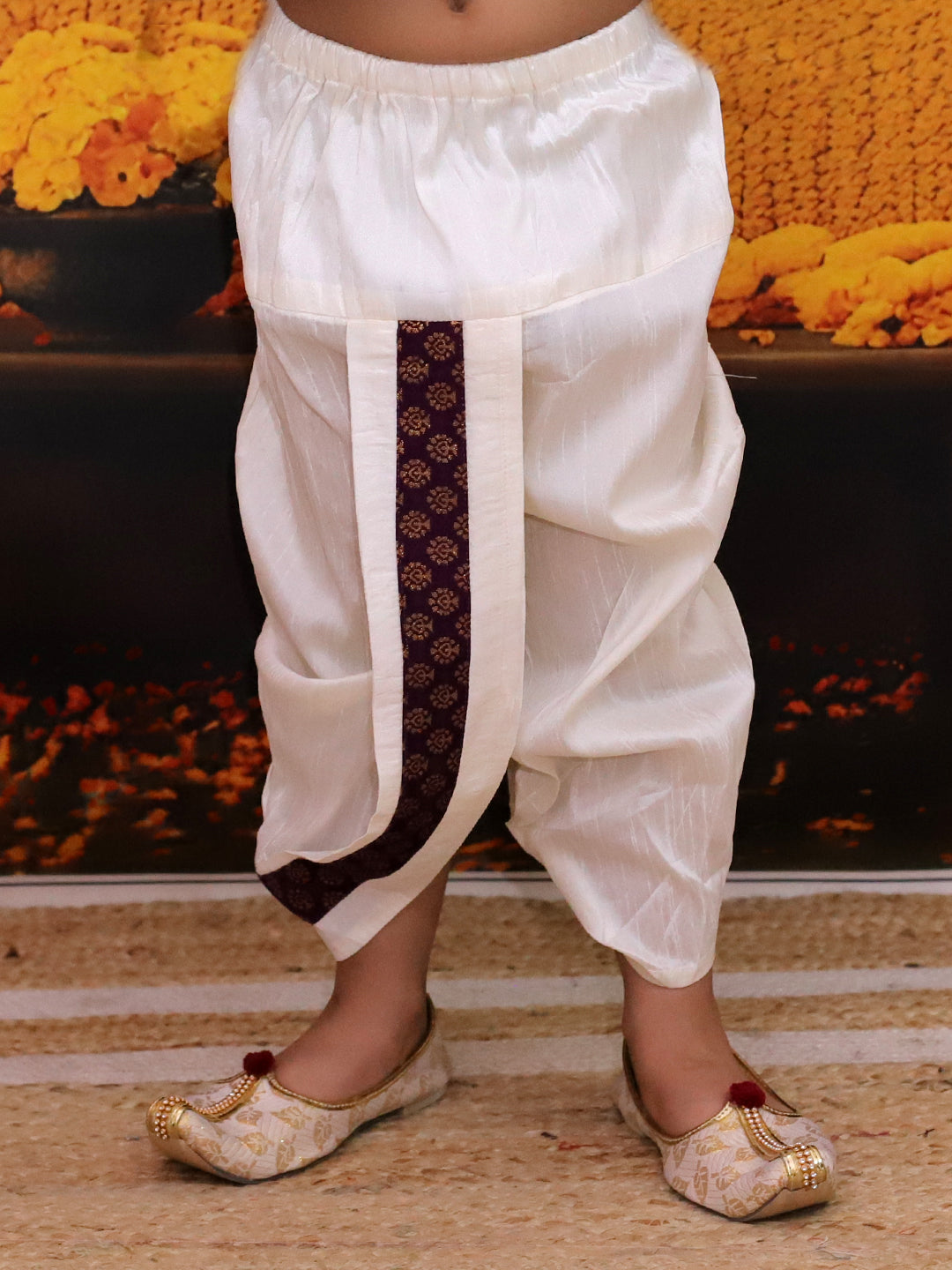 BownBee Full Sleeve Dhoti Kurta with Jacquard Jacket Set for Boys- Purple