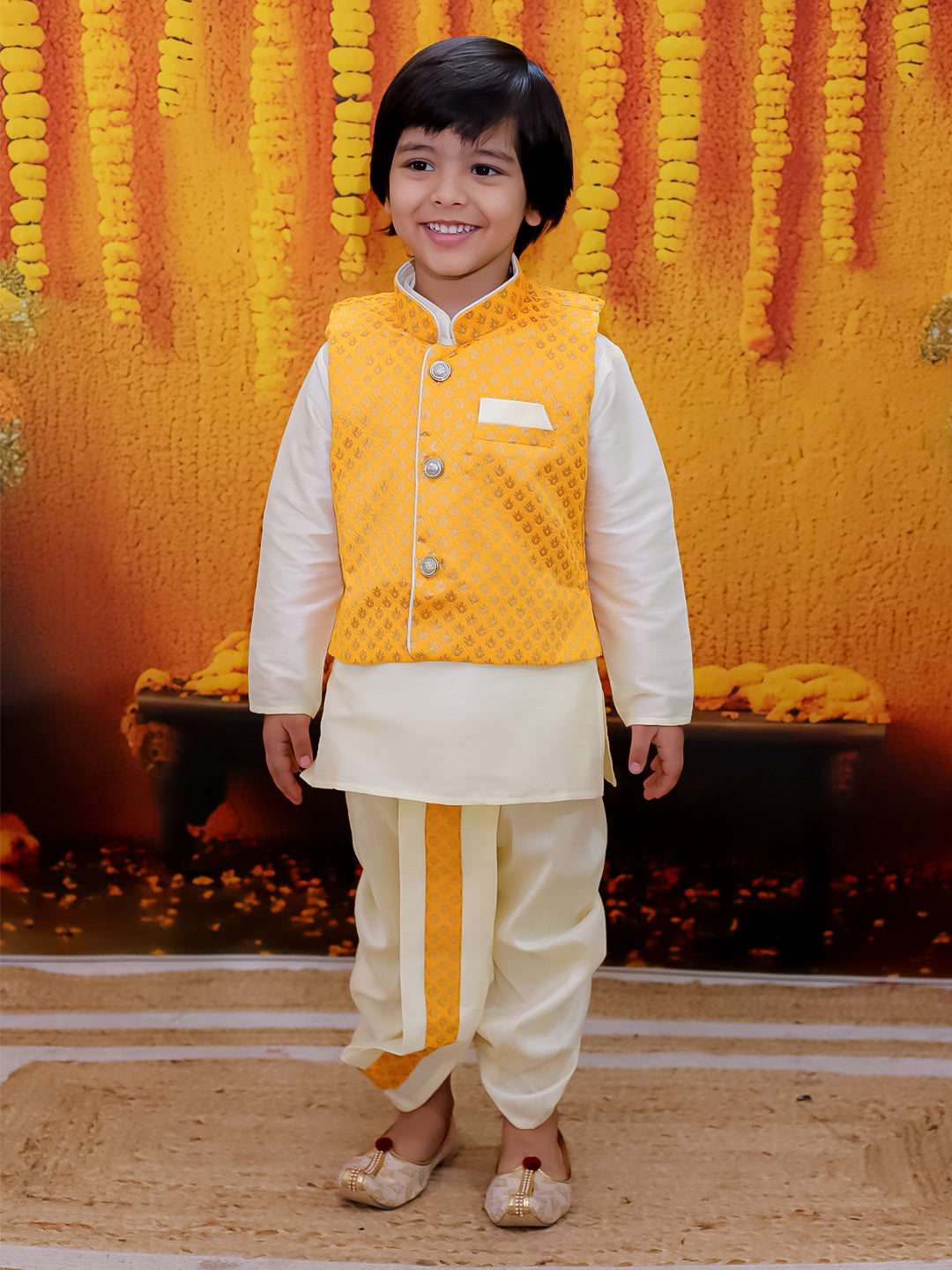 BownBee Full Sleeve Dhoti Kurta with Jacquard Jacket Set for Boys- Yellow