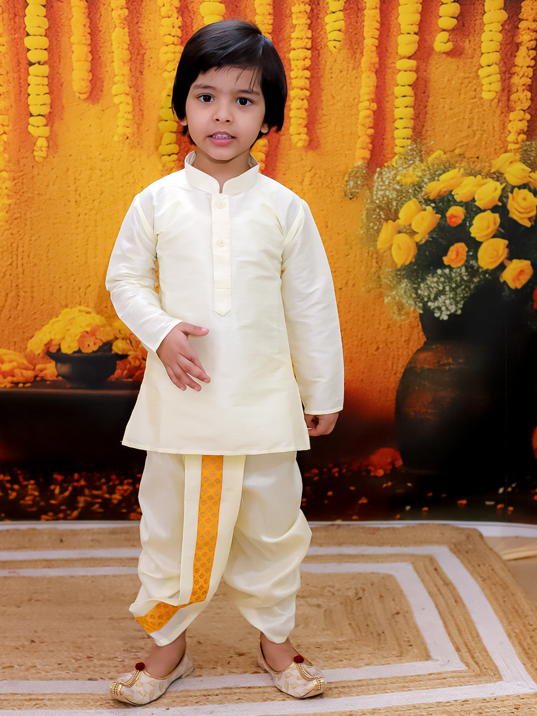 BownBee Full Sleeve Dhoti Kurta with Jacquard Jacket Set for Boys- Yellow