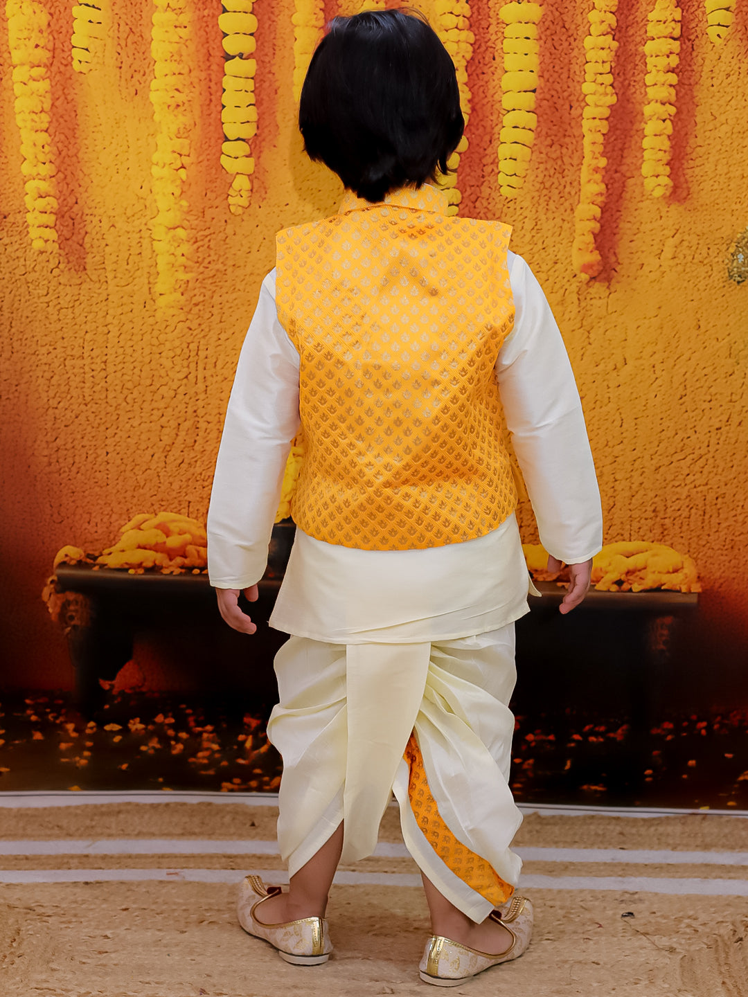 BownBee Full Sleeve Dhoti Kurta with Jacquard Jacket Set for Boys- Yellow