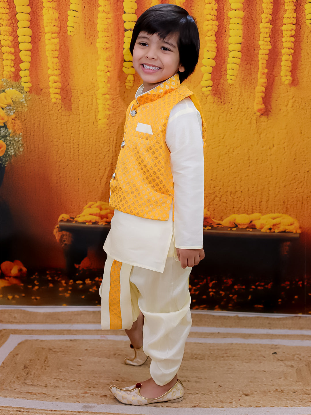 BownBee Full Sleeve Dhoti Kurta with Jacquard Jacket Set for Boys- Yellow